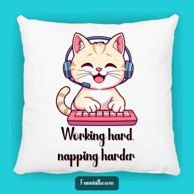 Funny Cat Pillow: Happy Typing Cat with Headset, Cozy Gamer Accent