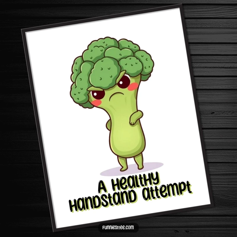 Funny digital art print of a grumpy broccoli floret attempting a handstand, a humorous and cute piece for wall decor.