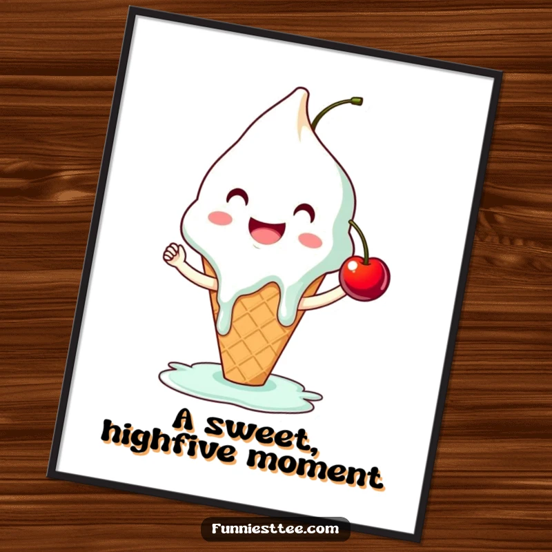 Funny digital art print of a smiling, melting ice cream cone attempting a high-five with a cherry, a sweet and humorous piece for wall decor.