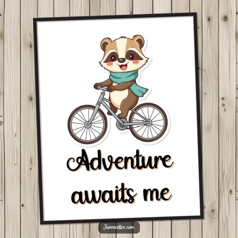 Funny badger digital art print of a cheerful badger in a scarf, riding a bicycle with large, wobbly wheels, whimsical wall art.