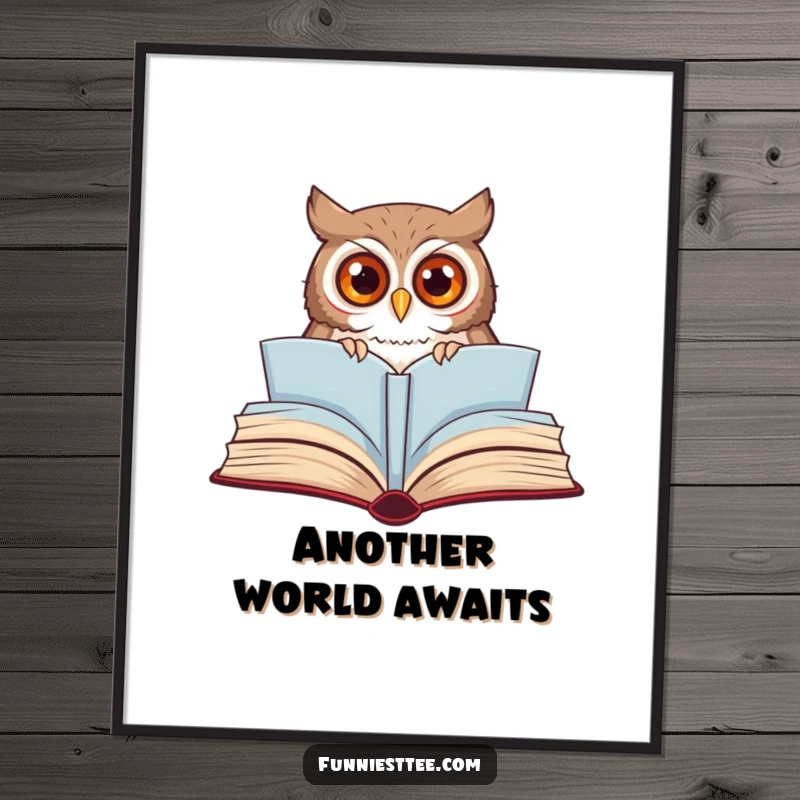 Funny owl digital art print showing a curious owl peeking from a huge, open storybook, perfect for charming wall decor.