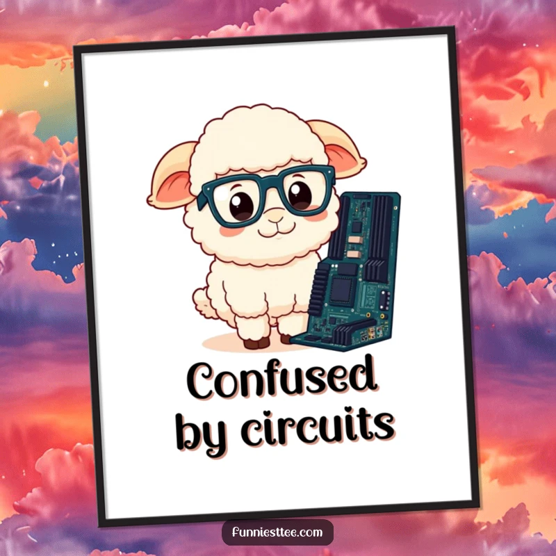 Funny Sheep Digital Art Print: A fluffy sheep with glasses looks confused at a computer motherboard, humorous tech decor.