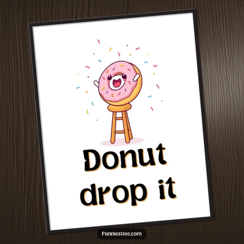 High-resolution funny digital art print of a donut character falling off a stool with sprinkles flying.