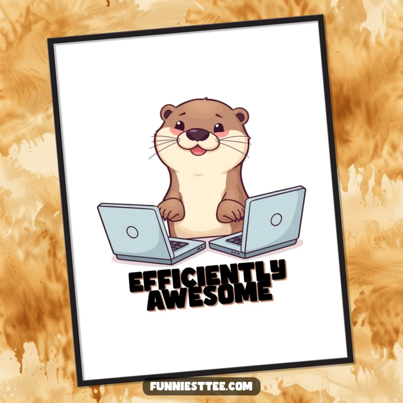 Funny smiling otter typing with two paws on multiple laptops simultaneously, busy animal art, digital download.