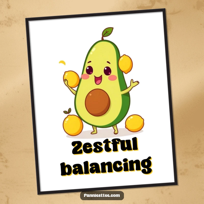 High-resolution funny digital art print of an avocado comically juggling bright yellow lemons, instant decor.