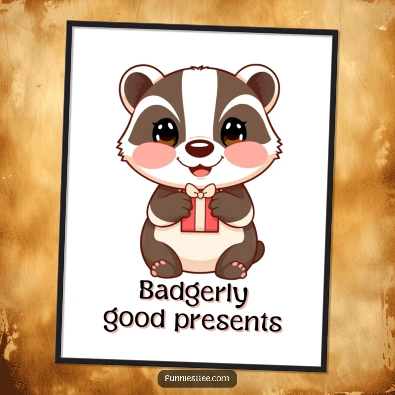 Funny badger gift digital art print, a happy badger with rosy cheeks offering a small gift.