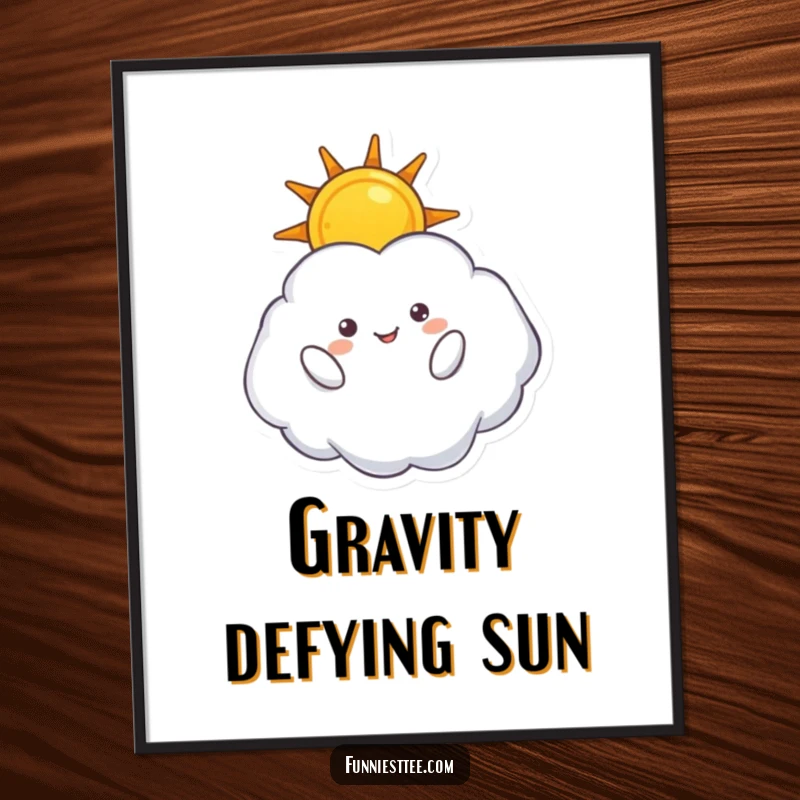 Funny digital art print of a fluffy cloud character floating upside down, holding a sun, creating a whimsical and cheerful celestial artwork.