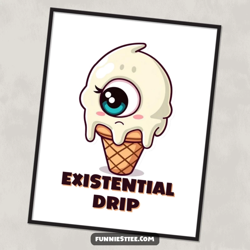 Funny digital art print of a melting ice cream cone with one giant, confused eye, bringing sweet bewilderment to your screens.