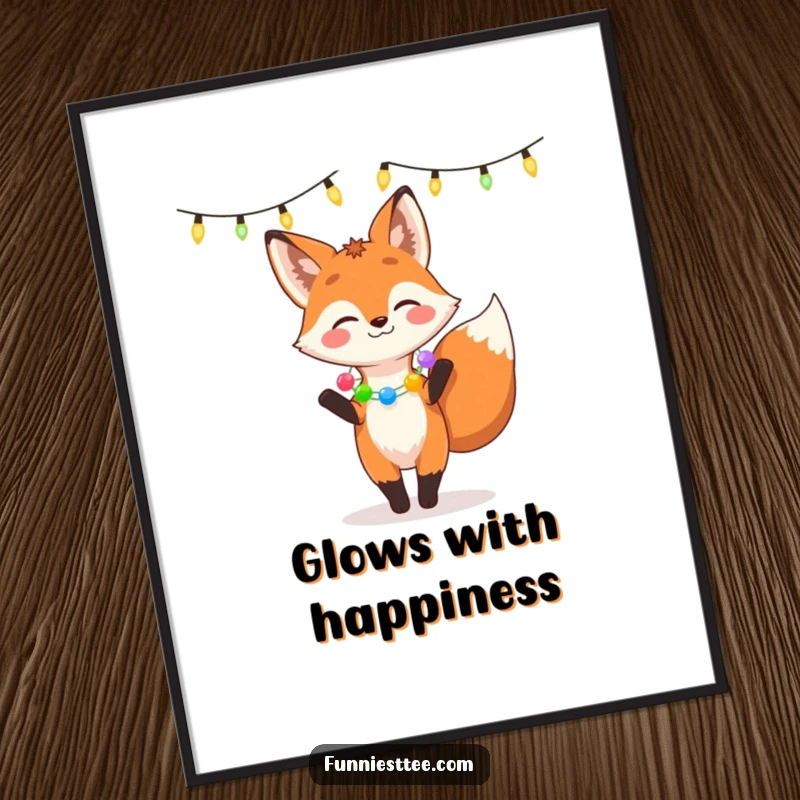 Funny digital art print of a giggling fox in a garland dancing joyfully under string lights, symbolizing festive celebration and contagious, playful delight.