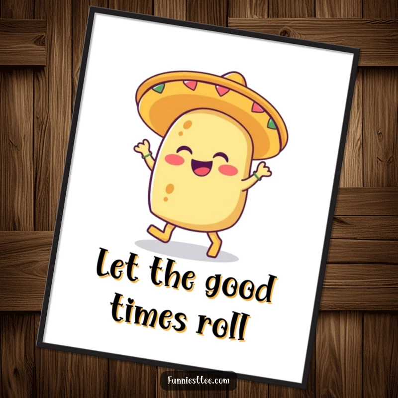 Funny digital art print of a giggling taco wearing a sombrero and tapping its feet with enthusiastic fiesta energy.