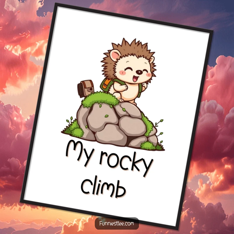 Funny digital art print of a tiny hedgehog with a backpack, climbing a mossy rock, bringing instant inspiration.