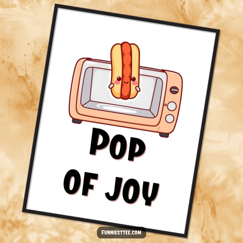 Funny hot dog digital art print showing a smiling hot dog exiting a toaster oven, ideal for humorous and instantly downloadable wall decor.