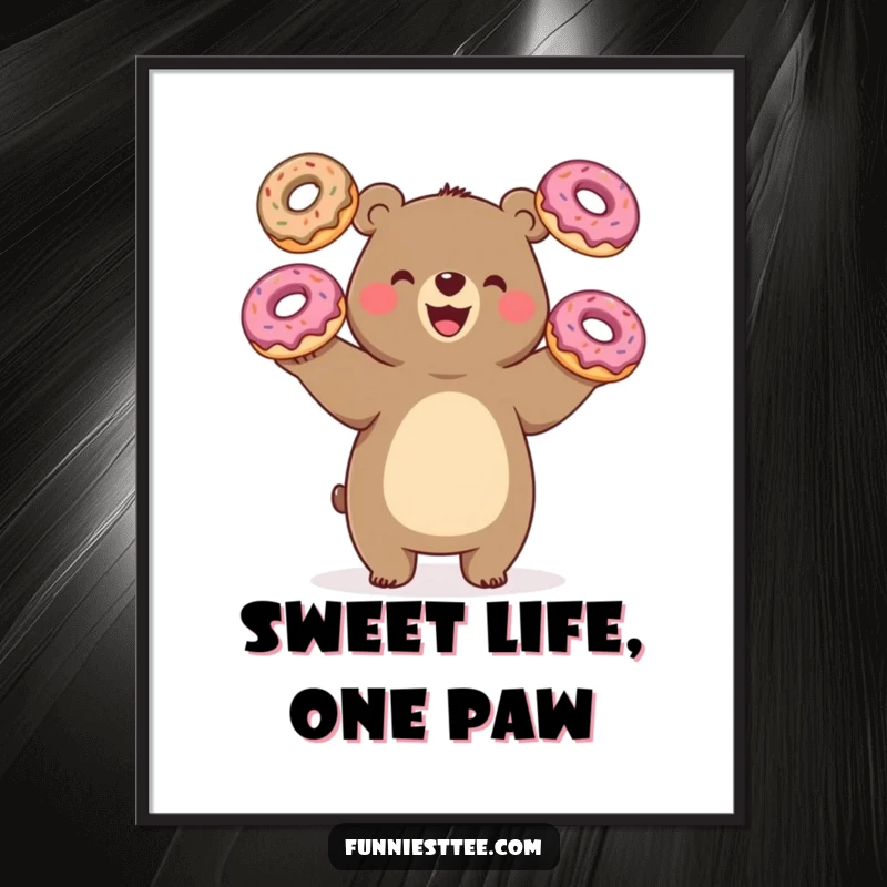 Funny bear juggling donuts, oversized treats, high-resolution digital art, printable, sweet humor, instant gift.