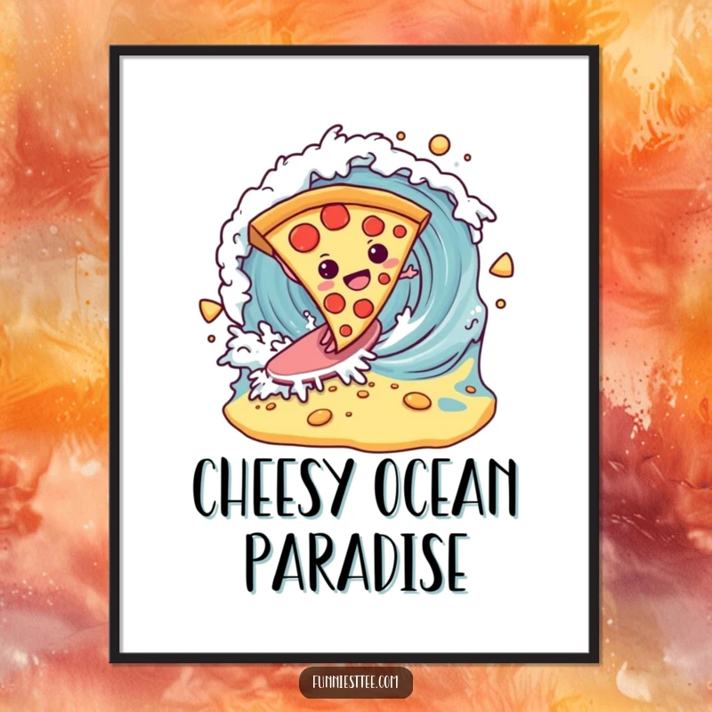 Funny determined pizza slice surfing a breaking wave of cheese on a digital art print, a comical and appetizing piece.