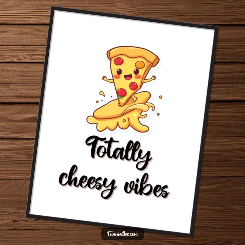 Funny digital art print of a happy pizza slice surfing on a melting cheese wave, a humorous and delicious food illustration ready to print.