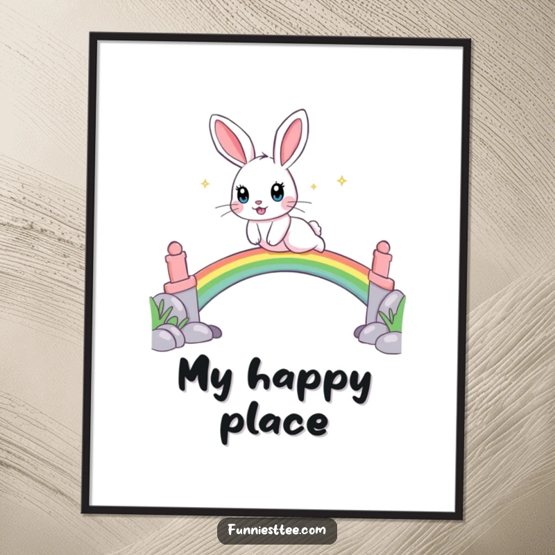 Funny digital art print of a playful rabbit with sparkling eyes leaping over a rainbow bridge, bringing instant joy.