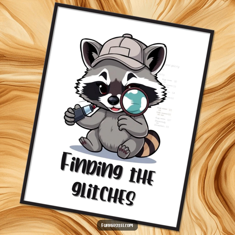 Funny Raccoon Digital Art Print: A determined raccoon with a backward cap uses a magnifying glass to debug code, humorous tech decor.