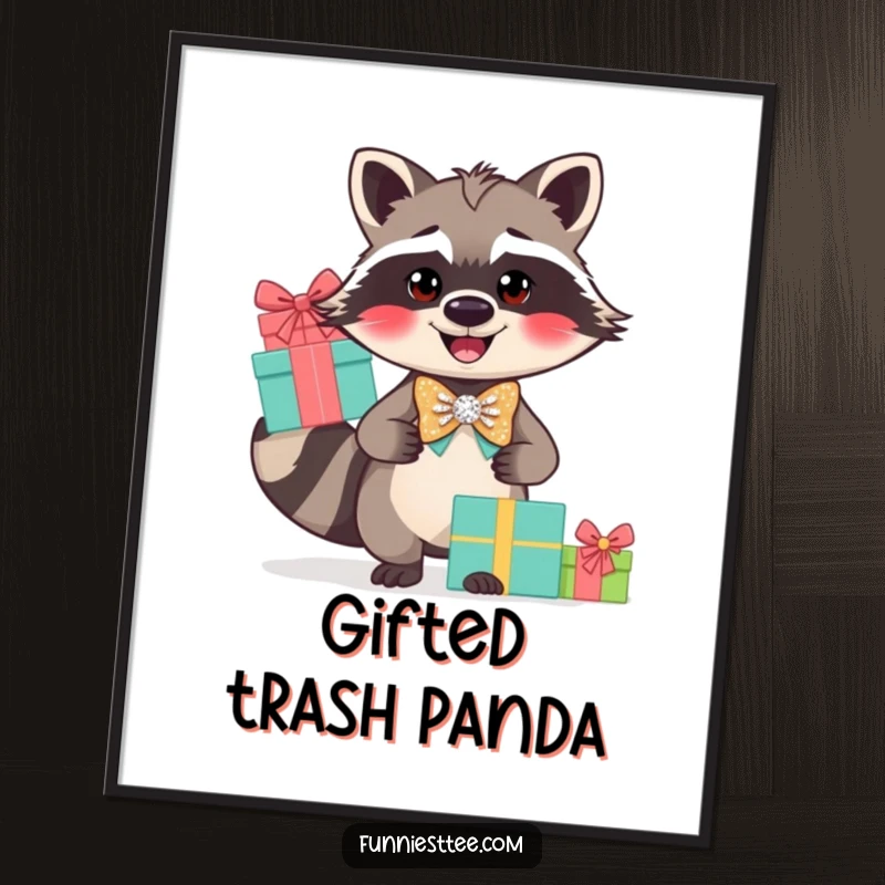 Funny raccoon gift balancer digital art print, a smiling raccoon in a sparkly bow tie balancing gifts.