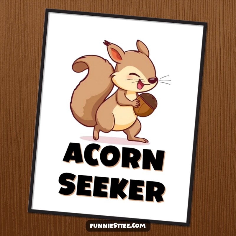 Funny Digital Art Print: A determined squirrel with a comically large acorn chasing its own tail in a frantic, humorous manner.