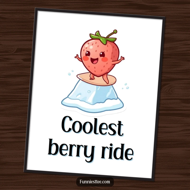 Funny Strawberry Surf Digital Art: A cheerful strawberry surfs on a melting ice cube, ready for printing.
