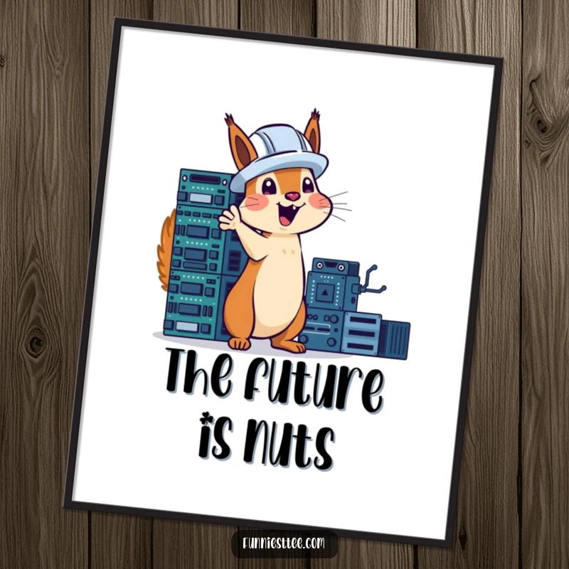 Funny squirrel in a hard hat excitedly gesturing towards a tower of circuit boards, tech art, digital download.