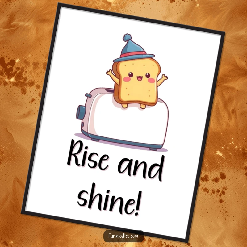 Funny Digital Art Print: A piece of toast with a tiny hat dramatically leaping out of a toaster, captured in mid-air jump.