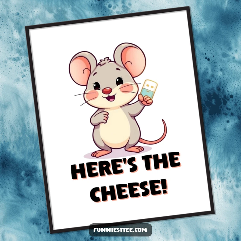 Funny cheerful mouse holding a glowing USB drive, pointing encouragingly at a screen, vibrant digital art.