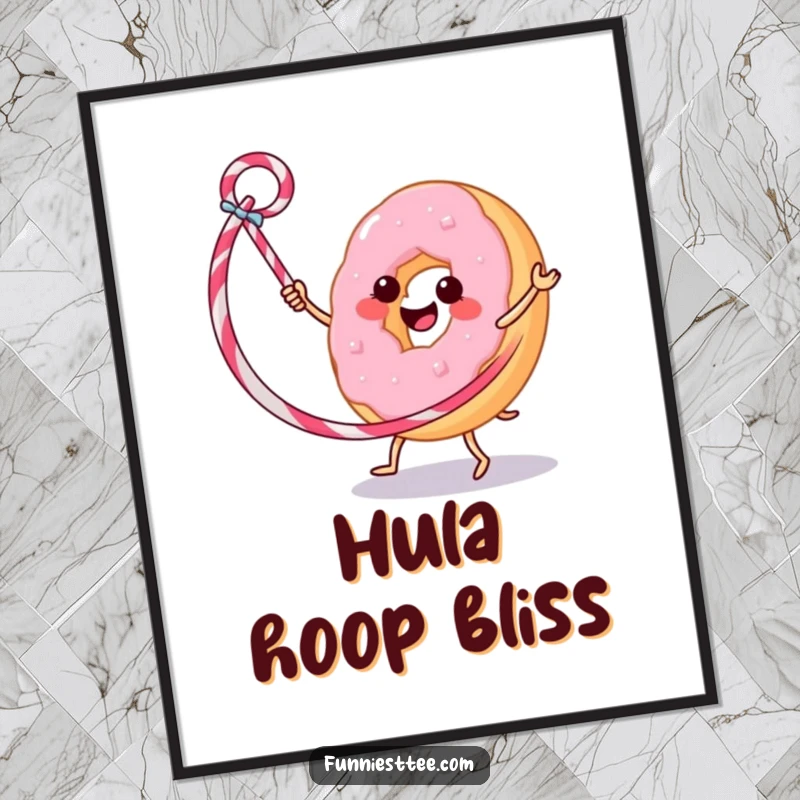 Funny digital art print of a donut hula hooping with a licorice whip, bursting with color and whimsical energy for instant download.