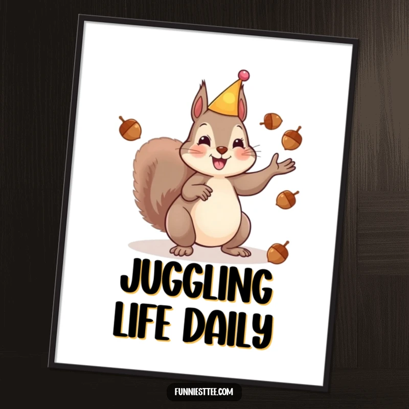 Funny digital art print of a happy squirrel in a party hat energetically juggling acorns, conveying festive celebration and contagious, nutty joy.