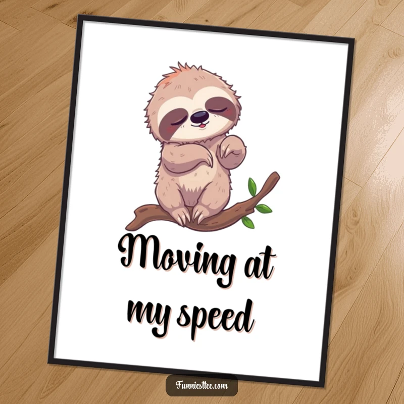 Funny digital art print of a sleepy sloth comically tangled in its limbs while attempting to breakdance on a branch, a humorous art piece.