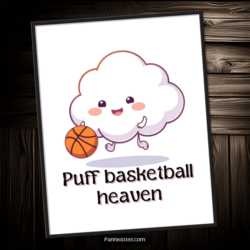 Funny happy cloud character dribbling a basketball with its puff on a digital art print, a whimsical and energetic piece.