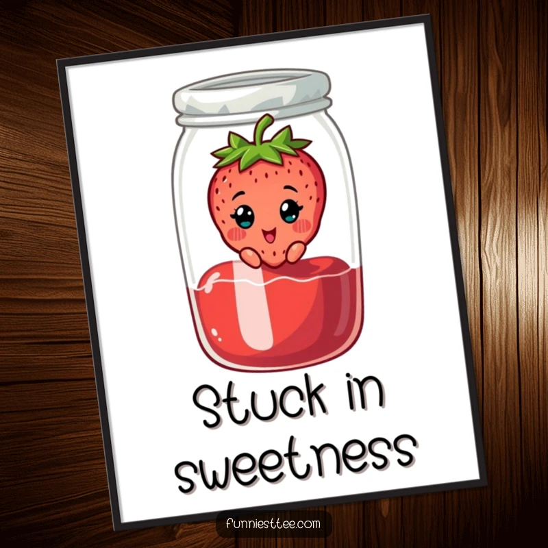 Funny digital art print of a cheerful strawberry character stuck in a jam jar, looking surprised, instant fruity decor.