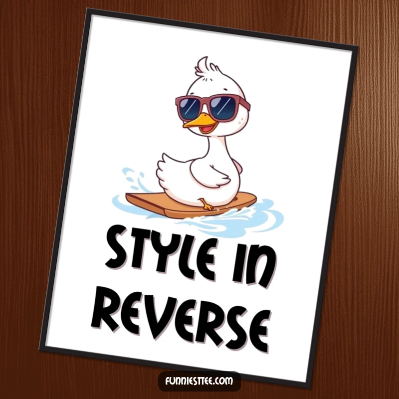 Funny goose wearing oversized sunglasses waterskiing backwards on a digital art print, a bold and comical piece for wall decor.