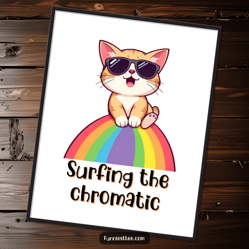 Funny cat wearing sunglasses, sliding down rainbow, high-resolution digital art, printable, cool humor, instant gift.