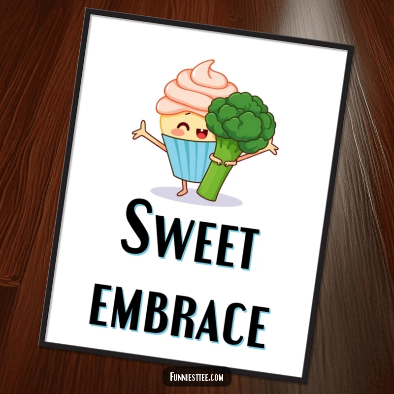 Funny digital art print of a happy cupcake with frosting arms outstretched, attempting to hug a grumpy broccoli, instant heartwarming art.
