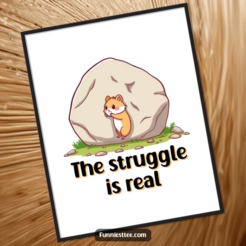 Funny digital art print of a small hamster's humorous and epic attempt to push a massive boulder, for instant decor.