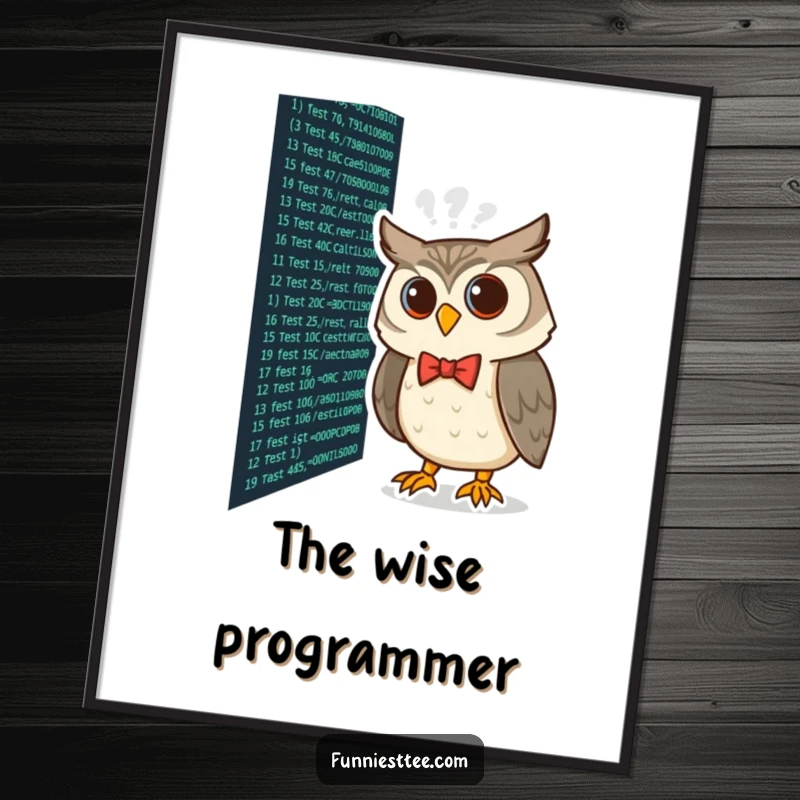Funny curious owl wearing a bow tie peering at lines of code on a screen, coding art, digital download.