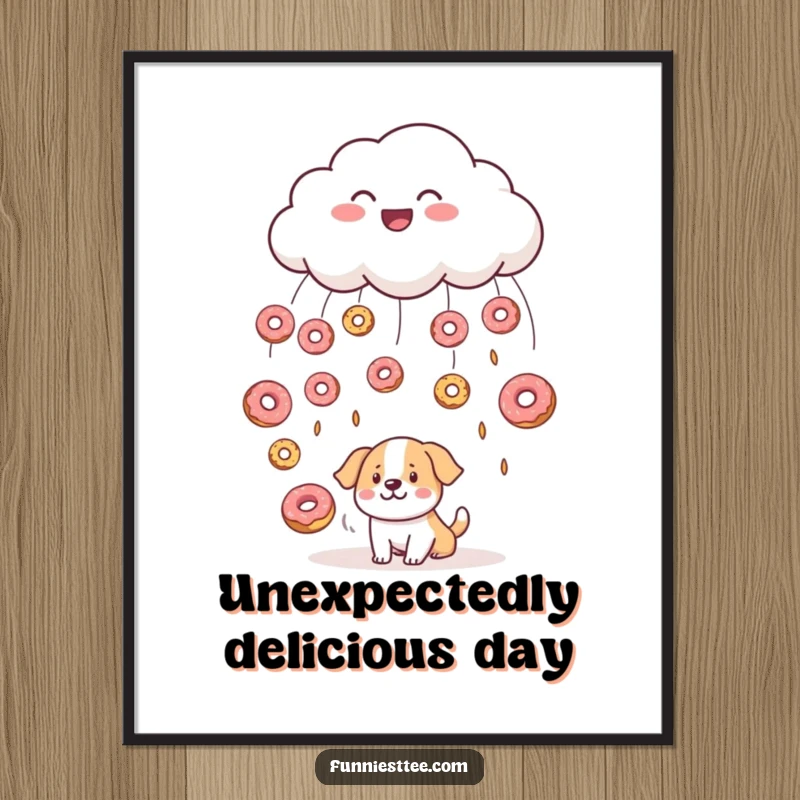 Funny digital art print of a smiling cloud raining donuts onto a bewildered dog, a charming and humorous piece of instant wall decor.