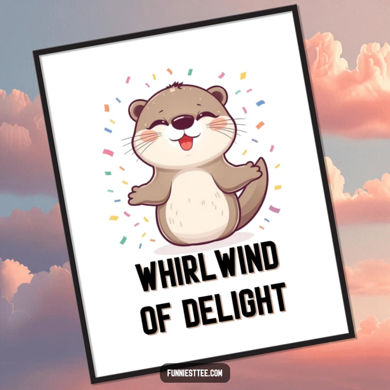 Funny digital art print of a delighted otter spinning joyfully in confetti, symbolizing uninhibited happiness and contagious, pure celebration.