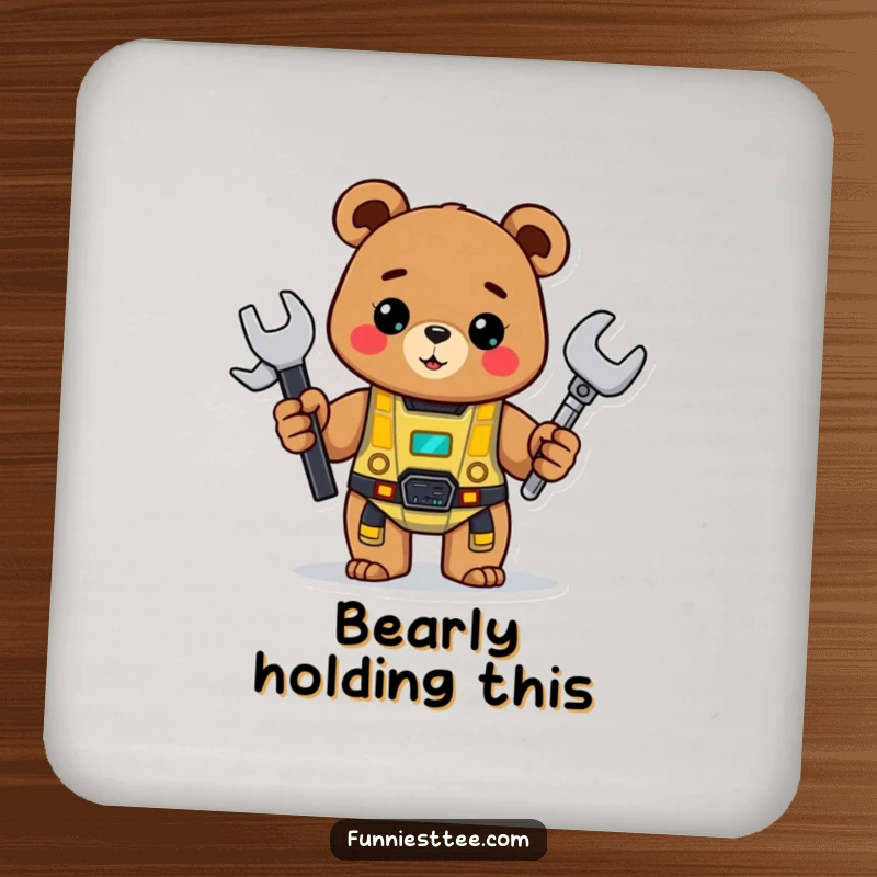 Funny Bear Drink Coaster: A cheerful bear holds a wrench and proudly displays a half-built robot, perfect for tables.