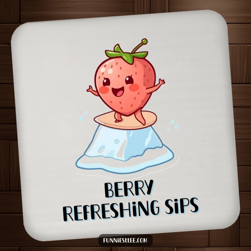 Funny Strawberry Surf Coaster: A cheerful strawberry surfs on a melting ice cube, protecting surfaces humorously.