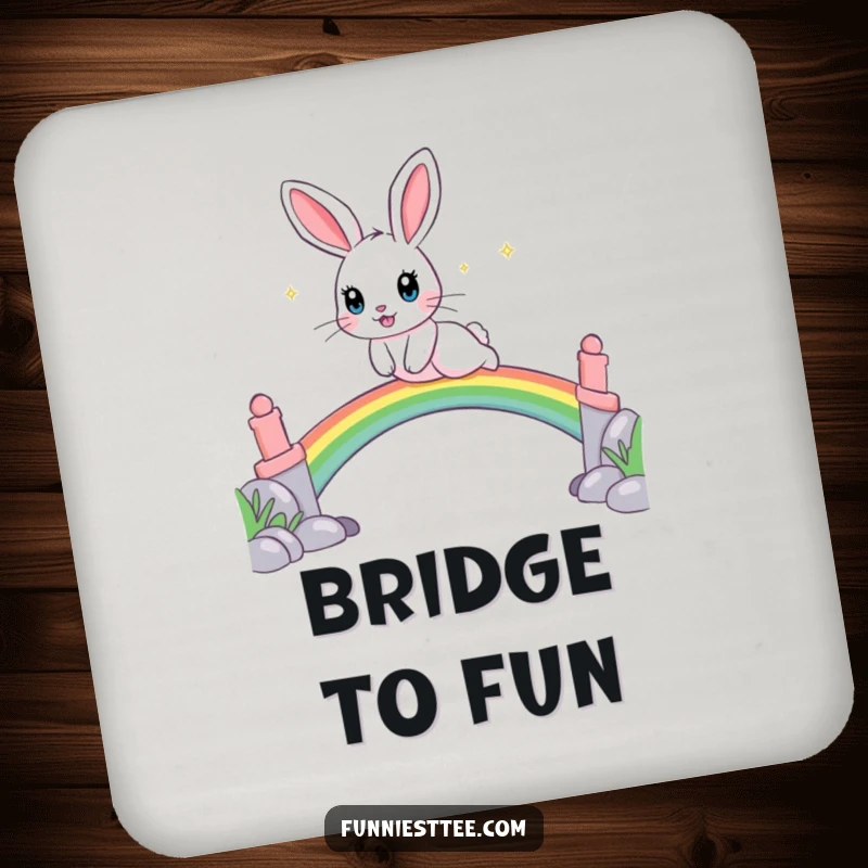 Funny drink coaster featuring a playful rabbit, sparkling eyes, leaping over a rainbow bridge, protecting surfaces.