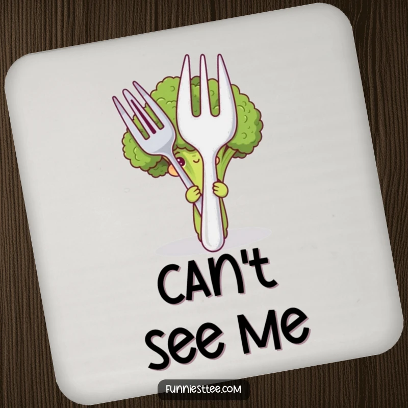 Funny drink coasters featuring a shy broccoli character hiding behind a large fork and spoon, offering humorous protection for beverages.