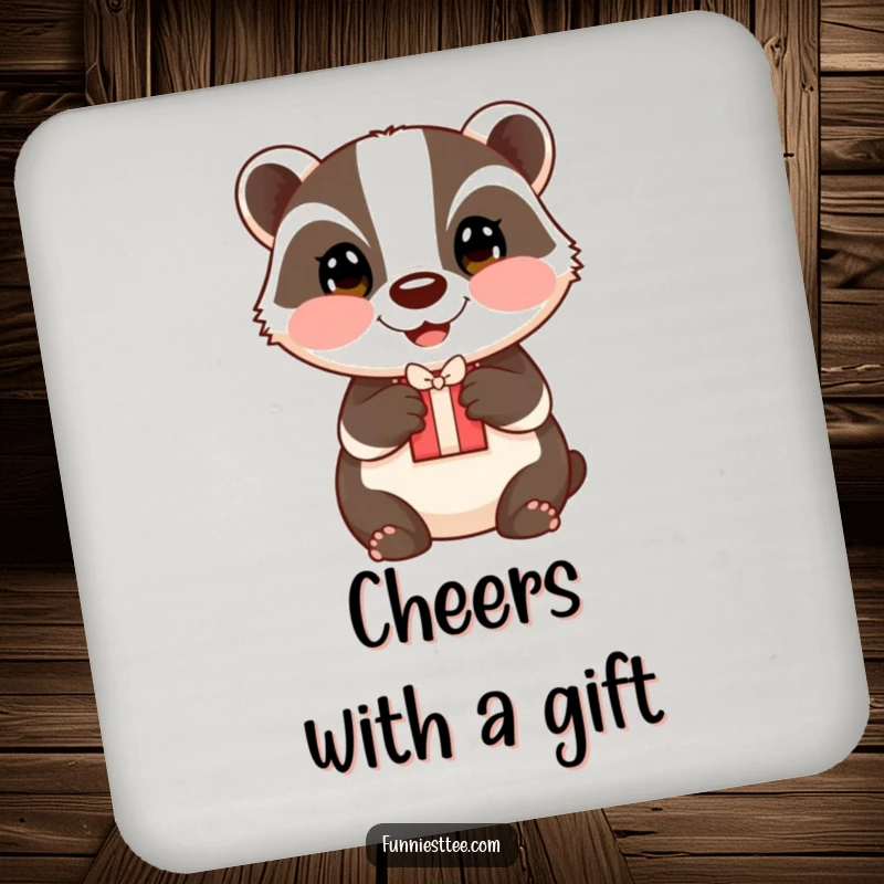 Funny badger coaster, a happy badger with rosy cheeks offering a small gift.