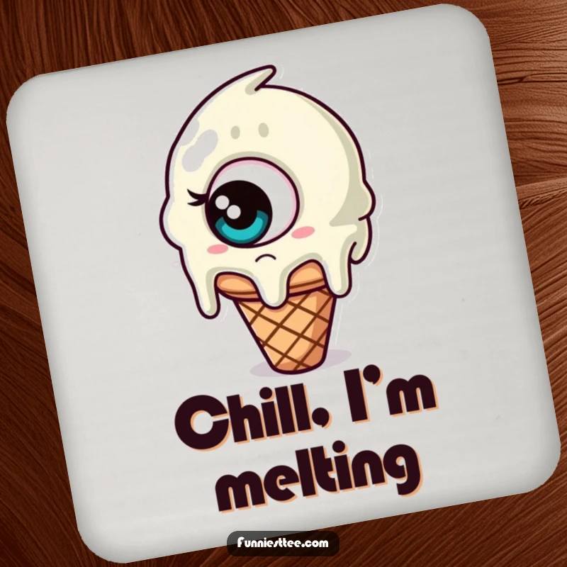 Funny drink coasters featuring a melting ice cream cone with one giant, confused eye, protecting surfaces with delightful bewilderment.