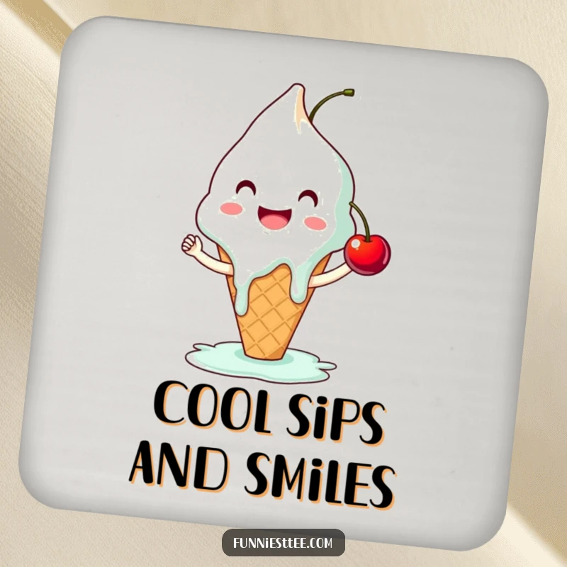 Funny ice cream coaster featuring a smiling, melting cone attempting a high-five with a cherry, a charming and humorous accessory for drink protection.