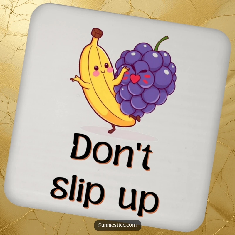 Funny drink coaster displaying a banana's comical slip on a single grape, a humorous accessory for protecting furniture.
