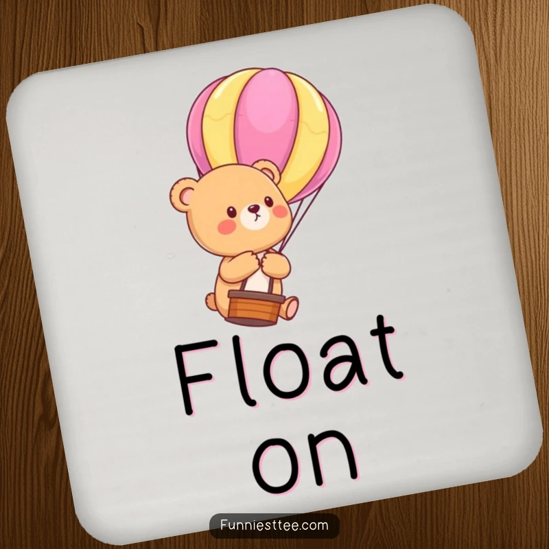 Funny Bear Cub Balloon Coaster: Decorative coaster with a cute bear cub floating upwards, holding a hot air balloon string, a funny touch for any surface.