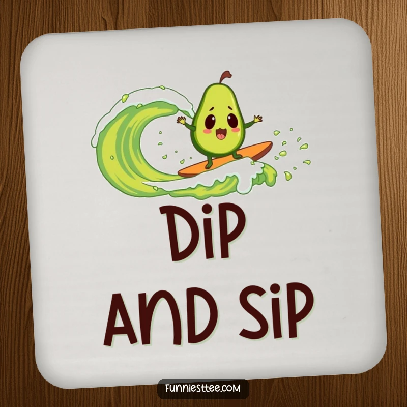 Funny drink coaster showing a surprised avocado surfing a guacamole wave, a humorous and functional accessory for any beverage.