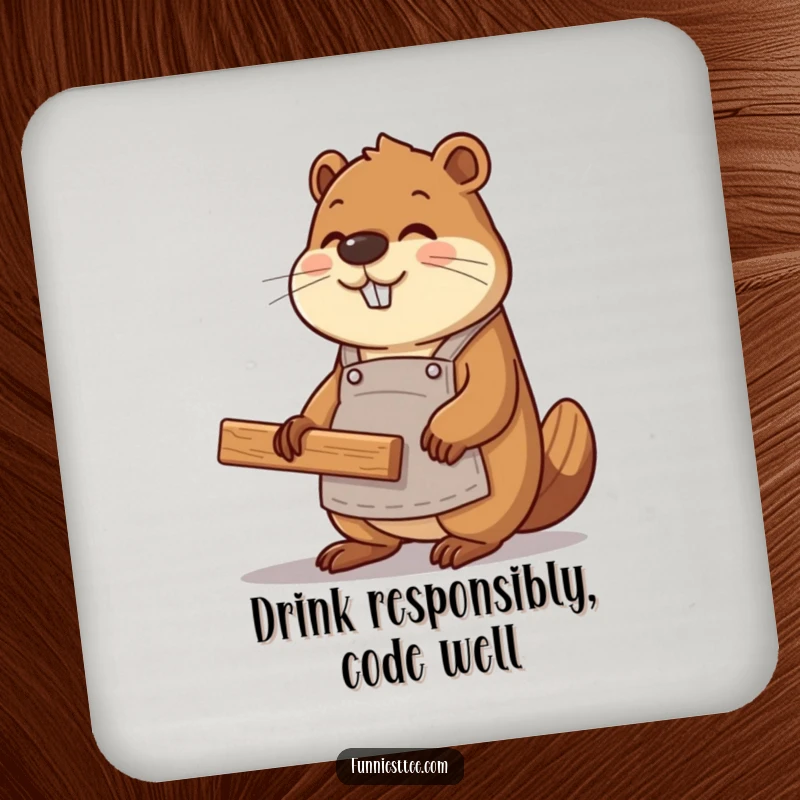 Funny beaver coder wearing an apron, constructing a website with wood planks, a protective and humorous drink coaster.
